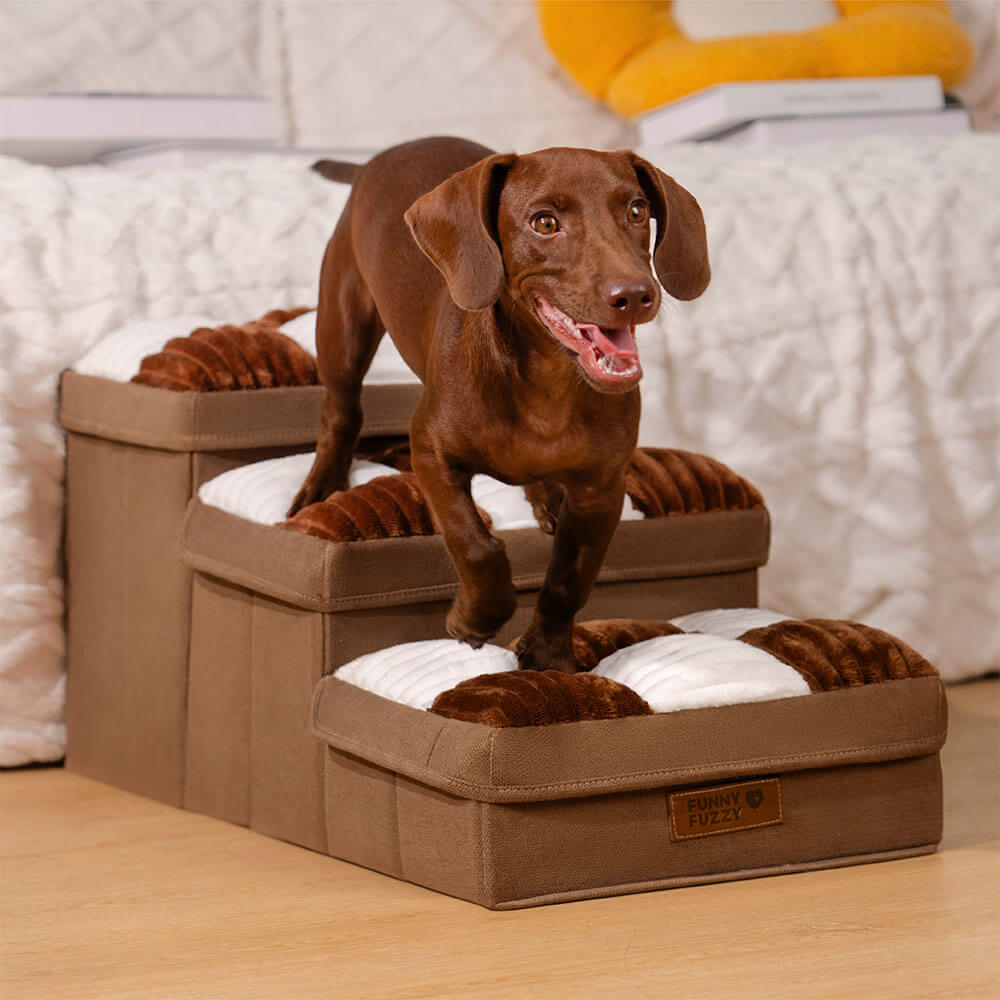 Foldable Dog Stairs with Hidden Storage and Chessboard Plaid Cushions