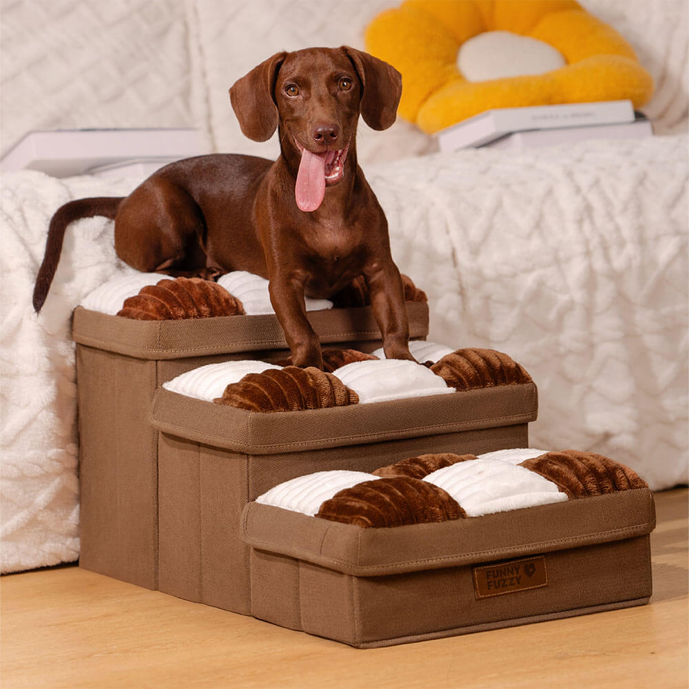Foldable Dog Stairs with Hidden Storage and Chessboard Plaid Cushions