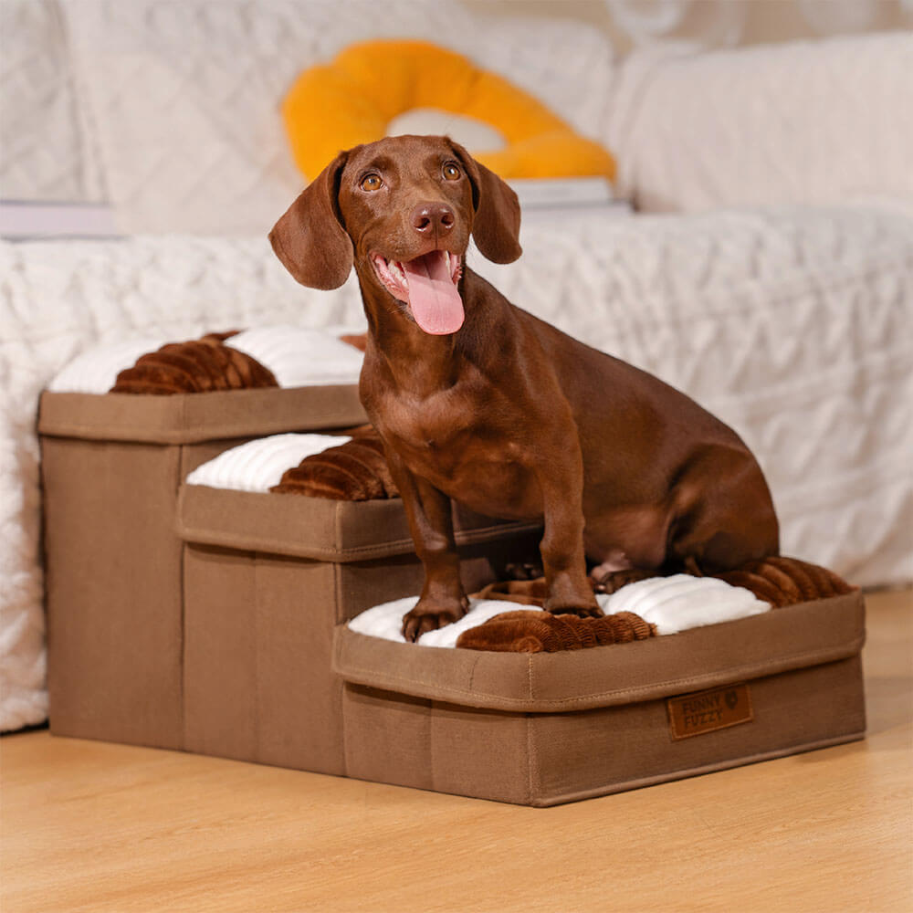 Foldable Dog Stairs with Hidden Storage and Chessboard Plaid Cushions