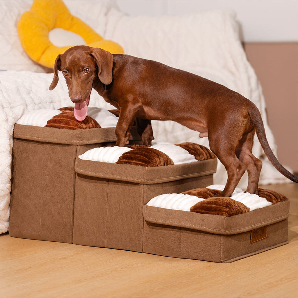 Foldable Dog Stairs with Hidden Storage and Chessboard Plaid Cushions