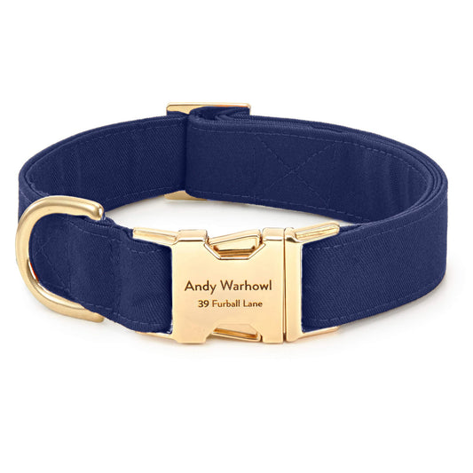 Navy Blue Cotton Dog Collar with Brass D-Ring