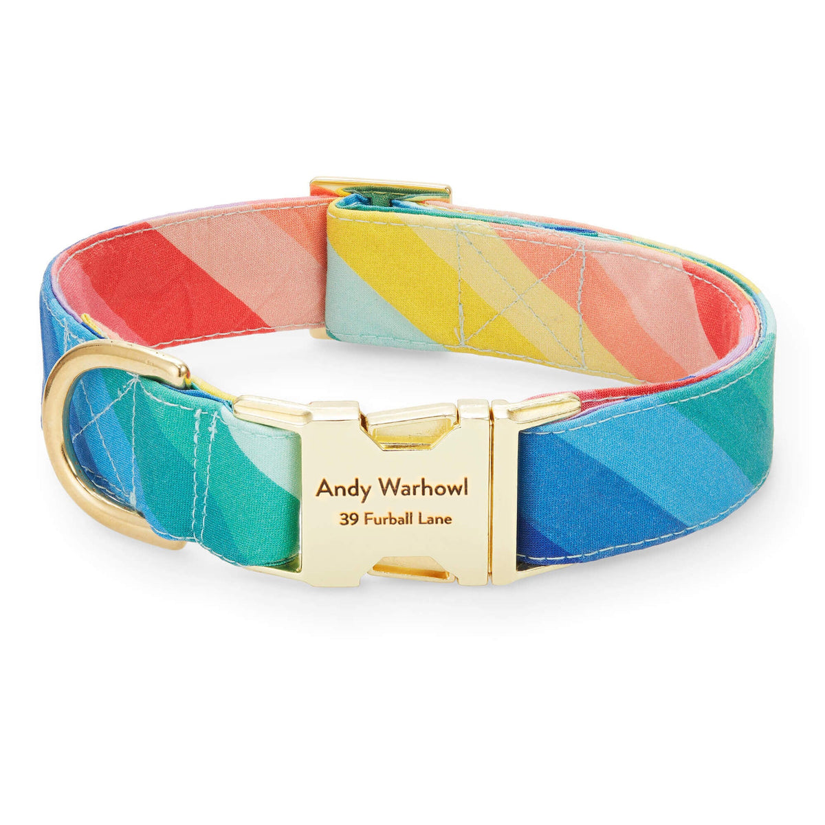 Rainbow Stripe Cotton Dog Collar with Gold Hardware