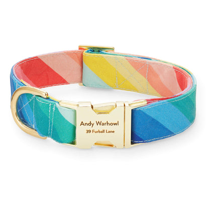 Rainbow Stripe Cotton Dog Collar with Gold Hardware
