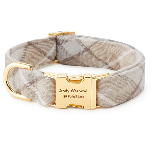Beige & Cream Plaid Flannel Dog Collar with Gold Hardware