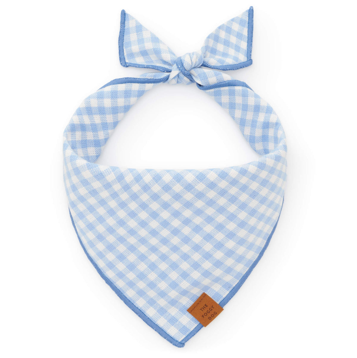 Sky Blue Gingham Triangle Tie Dog Bandana with Merrow Hem