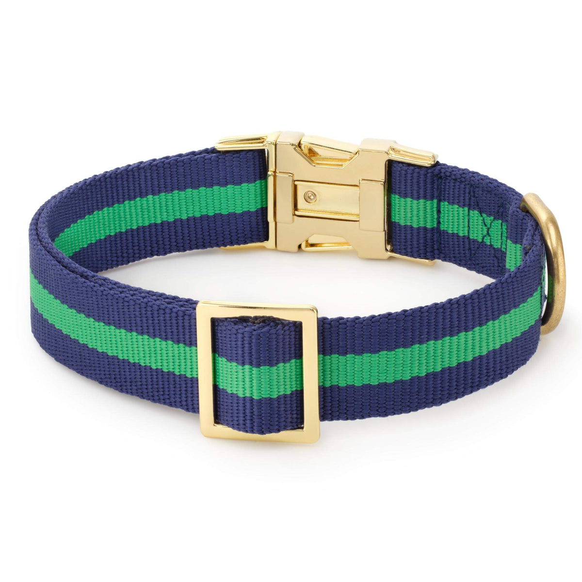 Navy & Green Striped Cotton Dog Collar with Soft Lining and Brass D-Ring