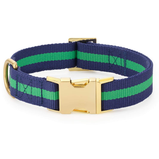 Navy & Green Striped Cotton Dog Collar with Soft Lining and Brass D-Ring