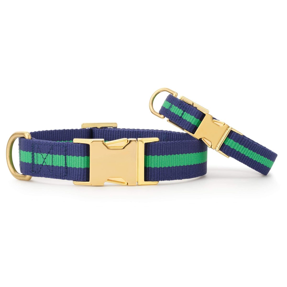 Navy & Green Striped Cotton Dog Collar with Soft Lining and Brass D-Ring