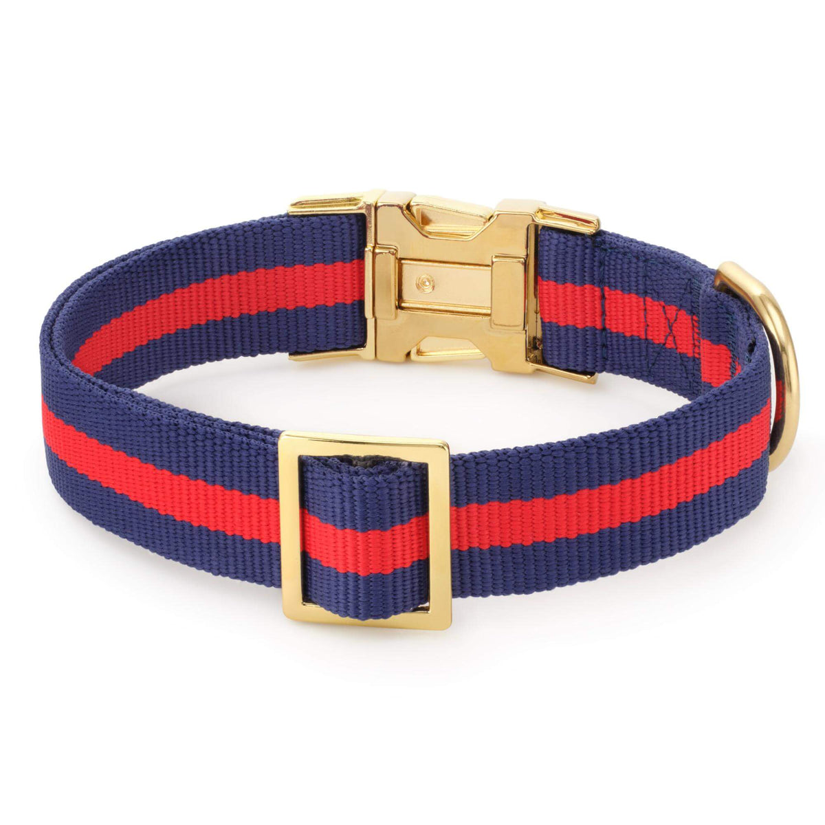 Navy & Red Striped Cotton Dog Collar with Metal Hardware