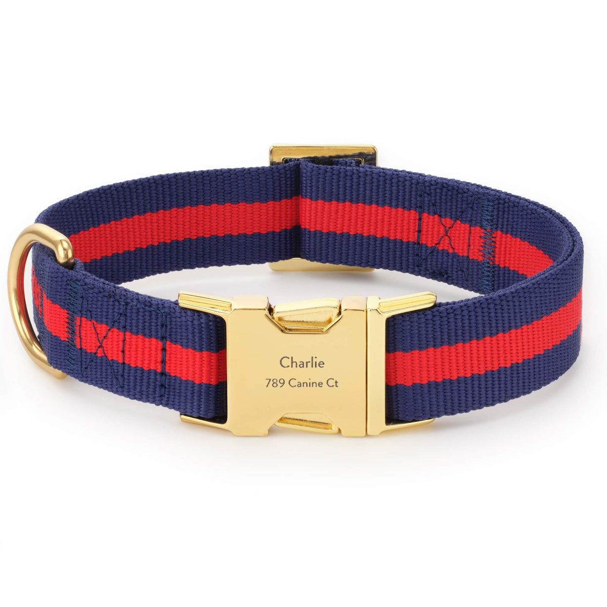 Navy & Red Striped Cotton Dog Collar with Metal Hardware
