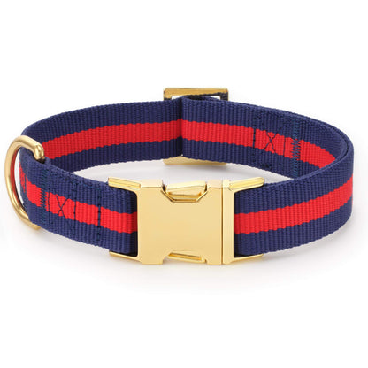 Navy & Red Striped Cotton Dog Collar with Metal Hardware