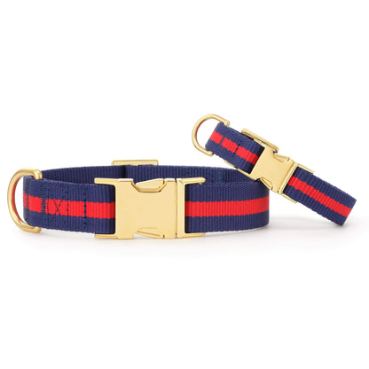 Navy & Red Striped Cotton Dog Collar with Metal Hardware