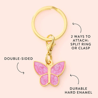 Pink Enamel Butterfly Dog Collar Charm, Double-Sided