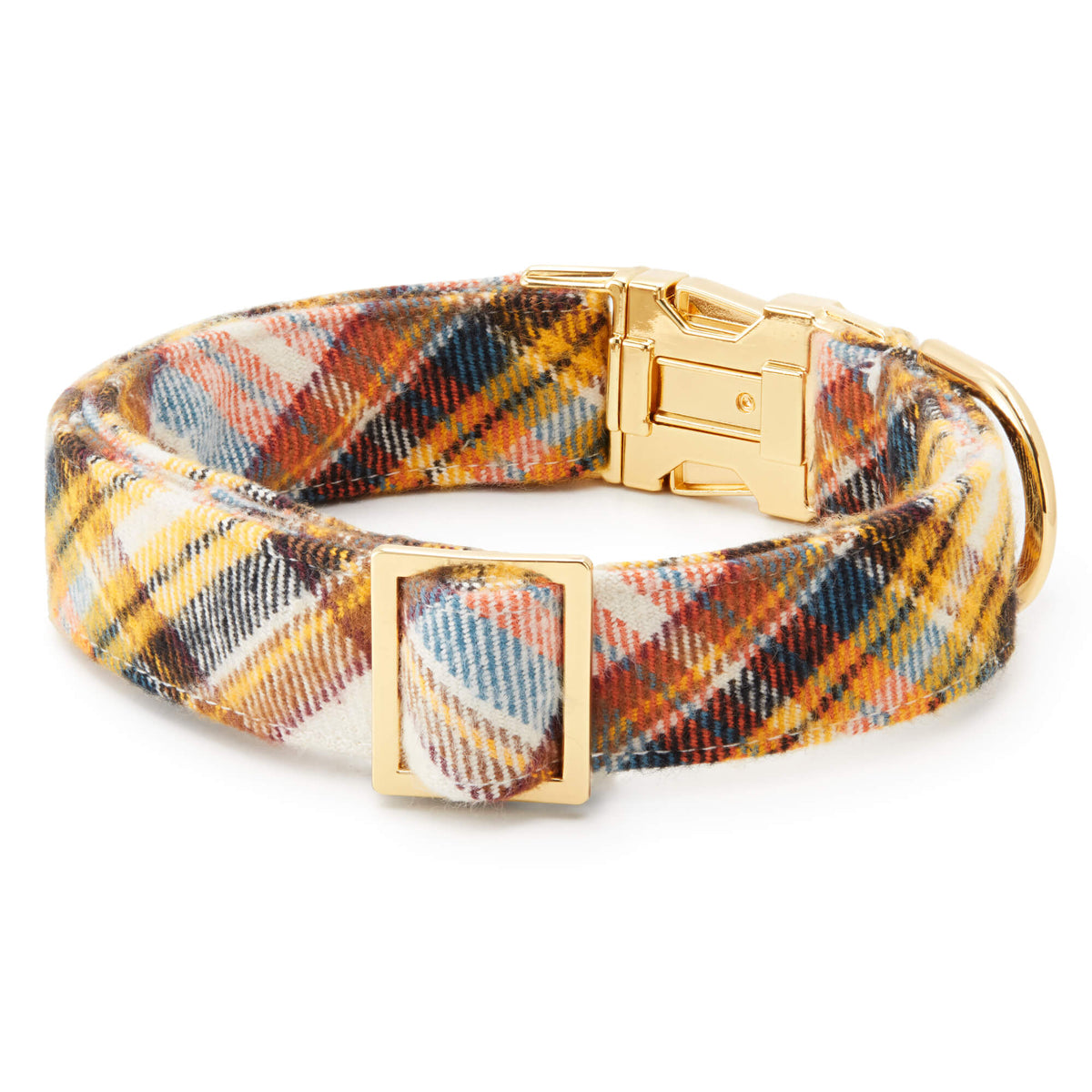 Mustard & Navy Plaid Cotton Flannel Dog Collar with Gold D-Ring