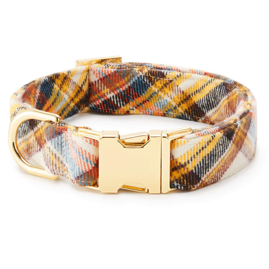 Mustard & Navy Plaid Cotton Flannel Dog Collar with Gold D-Ring