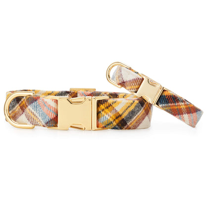 Mustard & Navy Plaid Cotton Flannel Dog Collar with Gold D-Ring