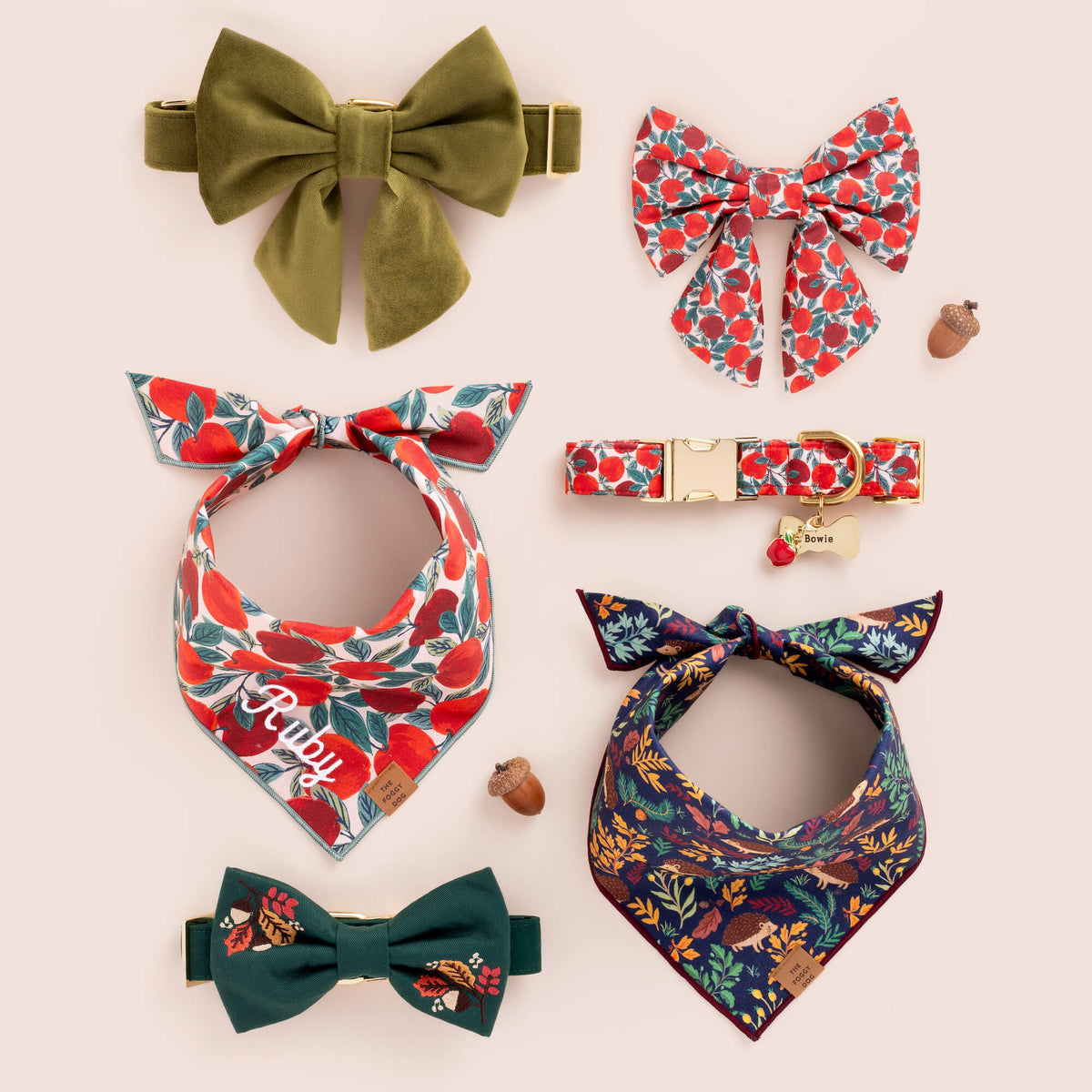 Red Apple Print Tie-On Dog Bandana with Dark Green Hem