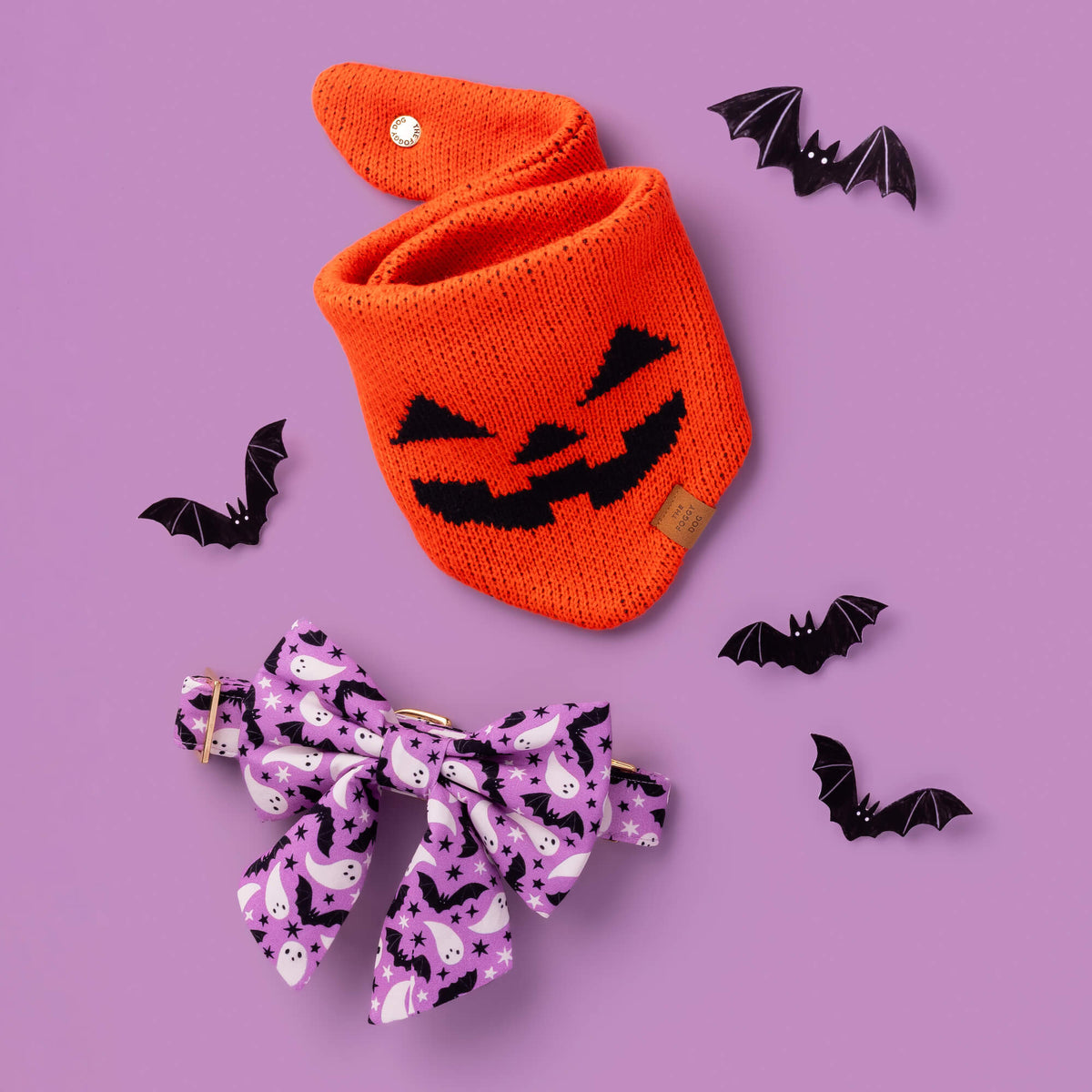 Jack-o'-Lantern Knit Dog Bandana with Snap Closure