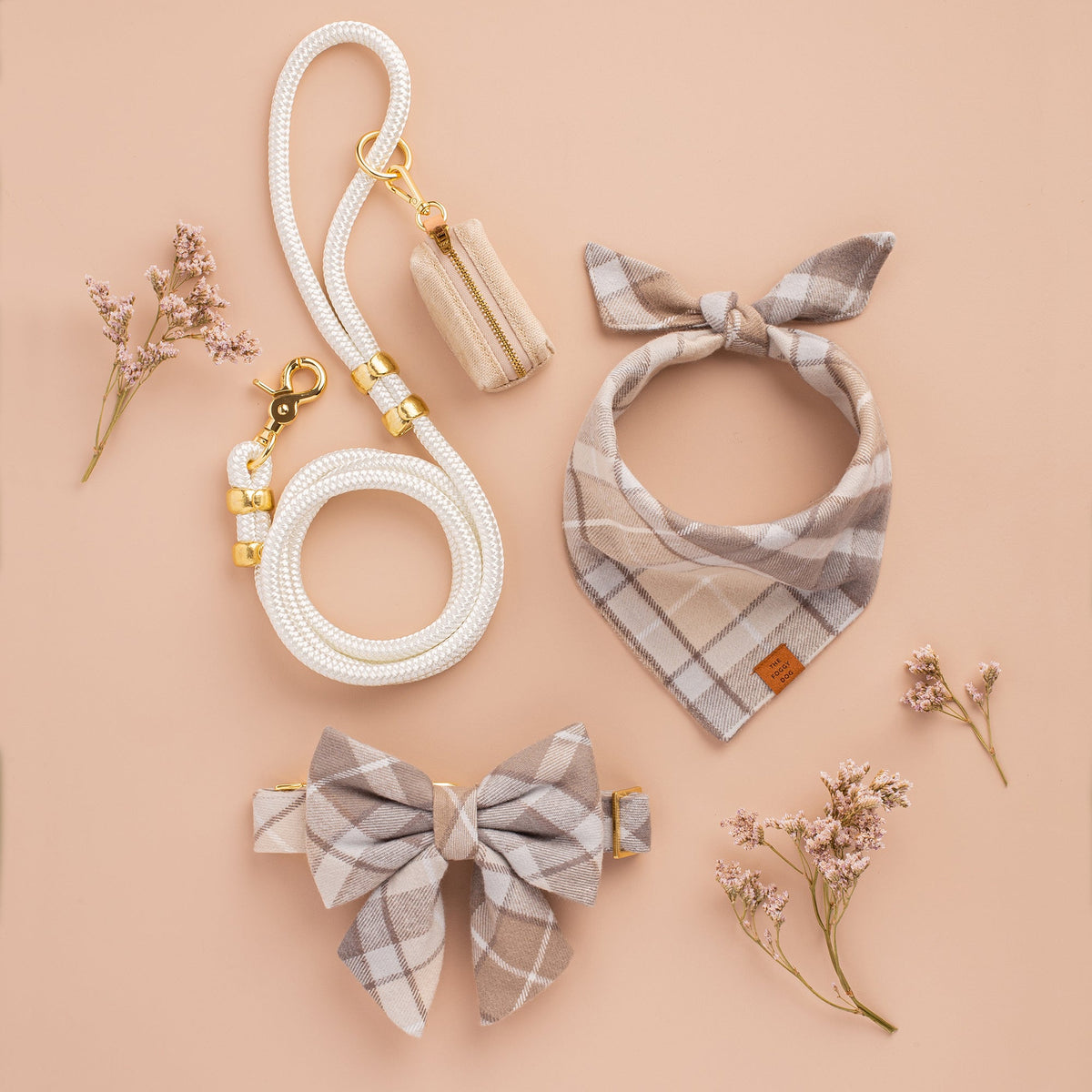 Beige & Cream Plaid Flannel Dog Collar with Gold Hardware