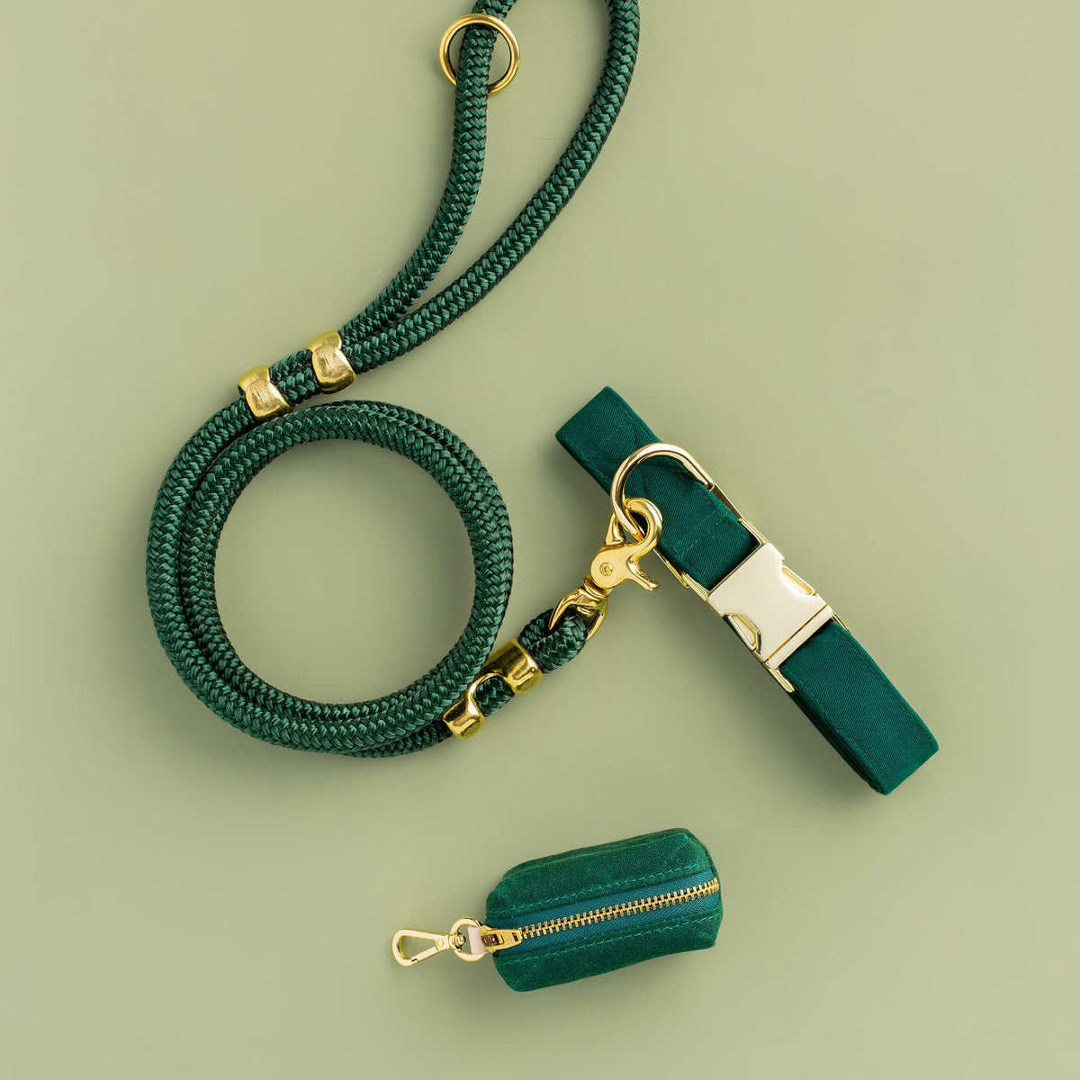 Forest Green Dog Collar, Rope Leash & Waste Bag Holder Set
