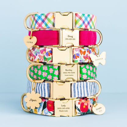 Blue & White Striped Cotton Dog Collar with Brass D-Ring