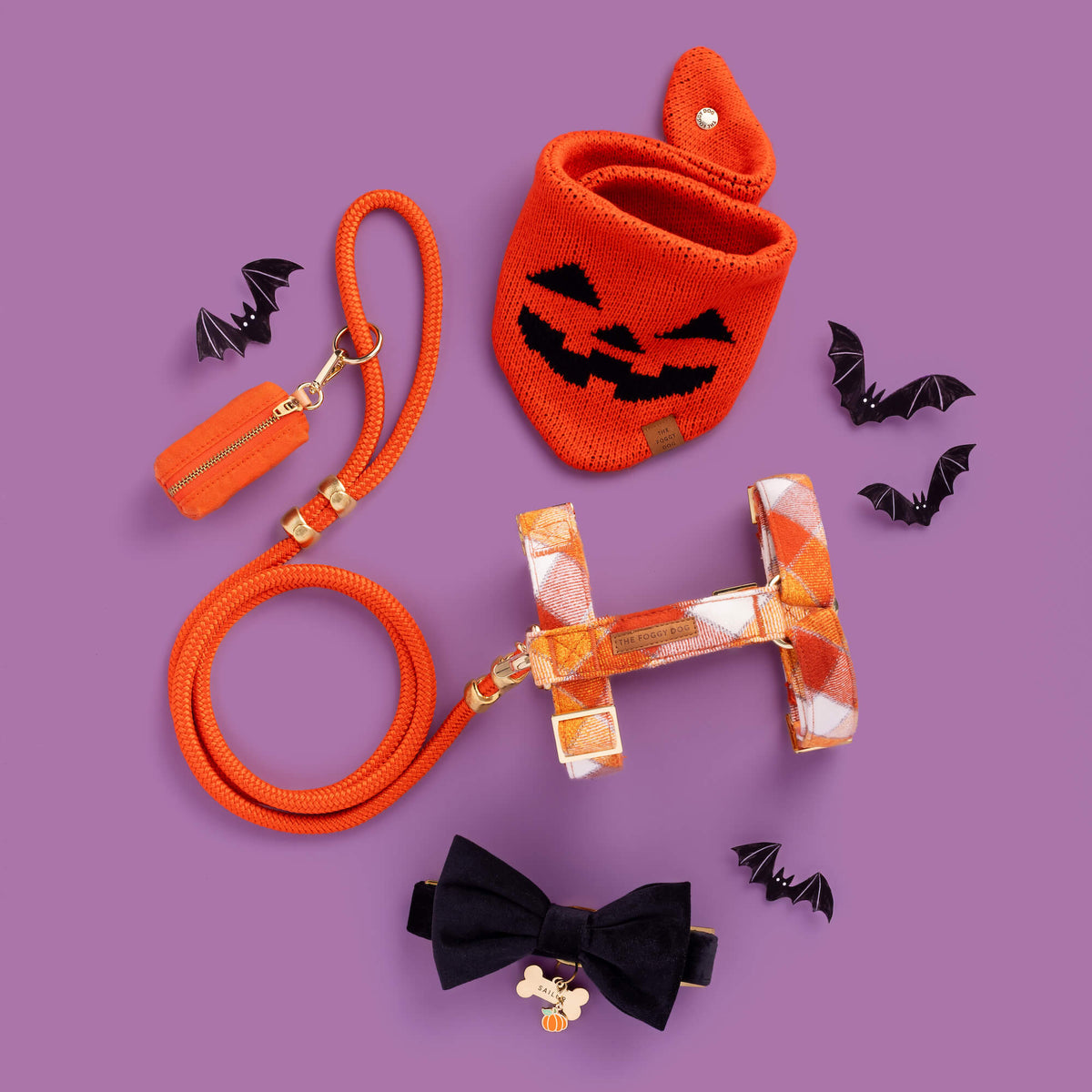 Jack-o'-Lantern Knit Dog Bandana with Snap Closure