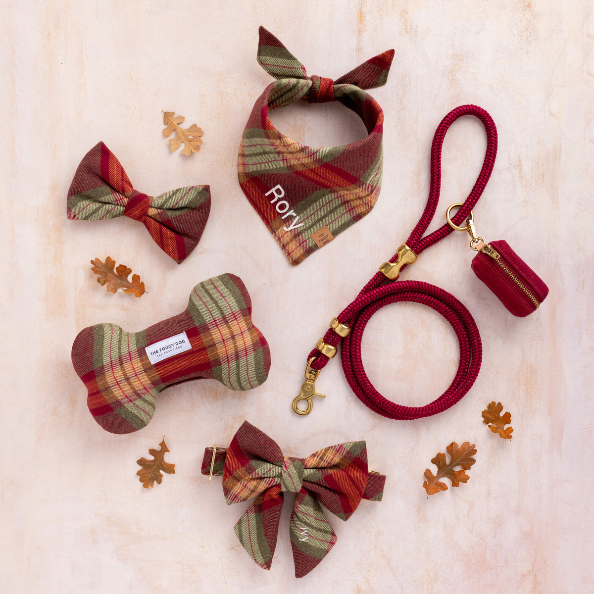 Burgundy & Olive Plaid Flannel Dog Collar with Cotton Exterior
