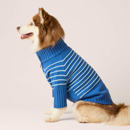 Blue Stripe Quarter-Zip Knit Turtleneck Dog Sweater