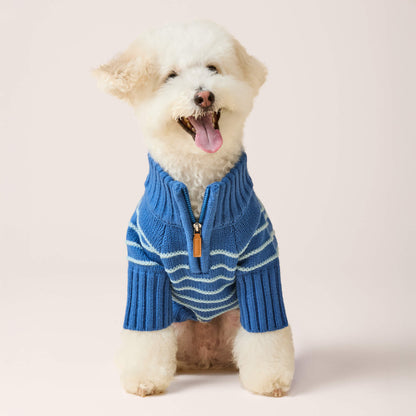 Blue Stripe Quarter-Zip Knit Turtleneck Dog Sweater