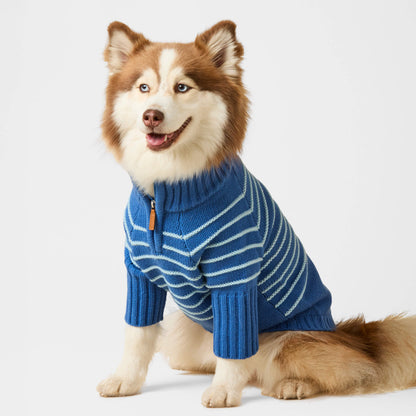 Blue Stripe Quarter-Zip Knit Turtleneck Dog Sweater