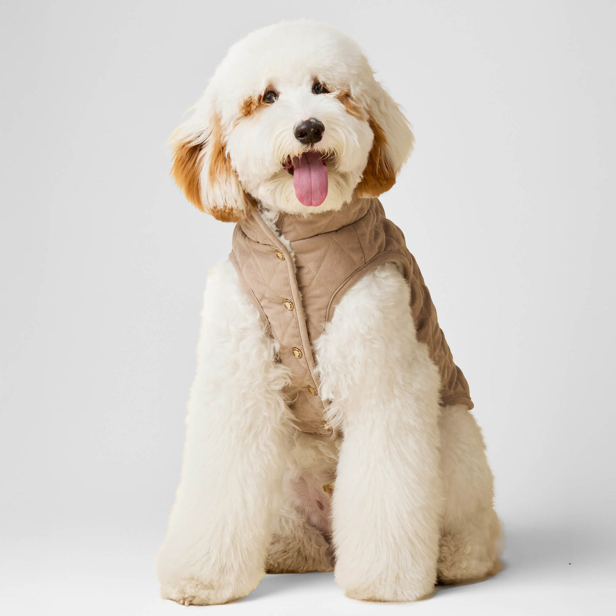 Reversible Sherpa-Lined Quilted Dog Jacket in Tan