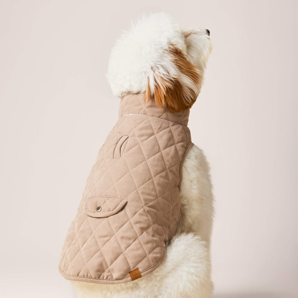 Reversible Sherpa-Lined Quilted Dog Jacket in Tan