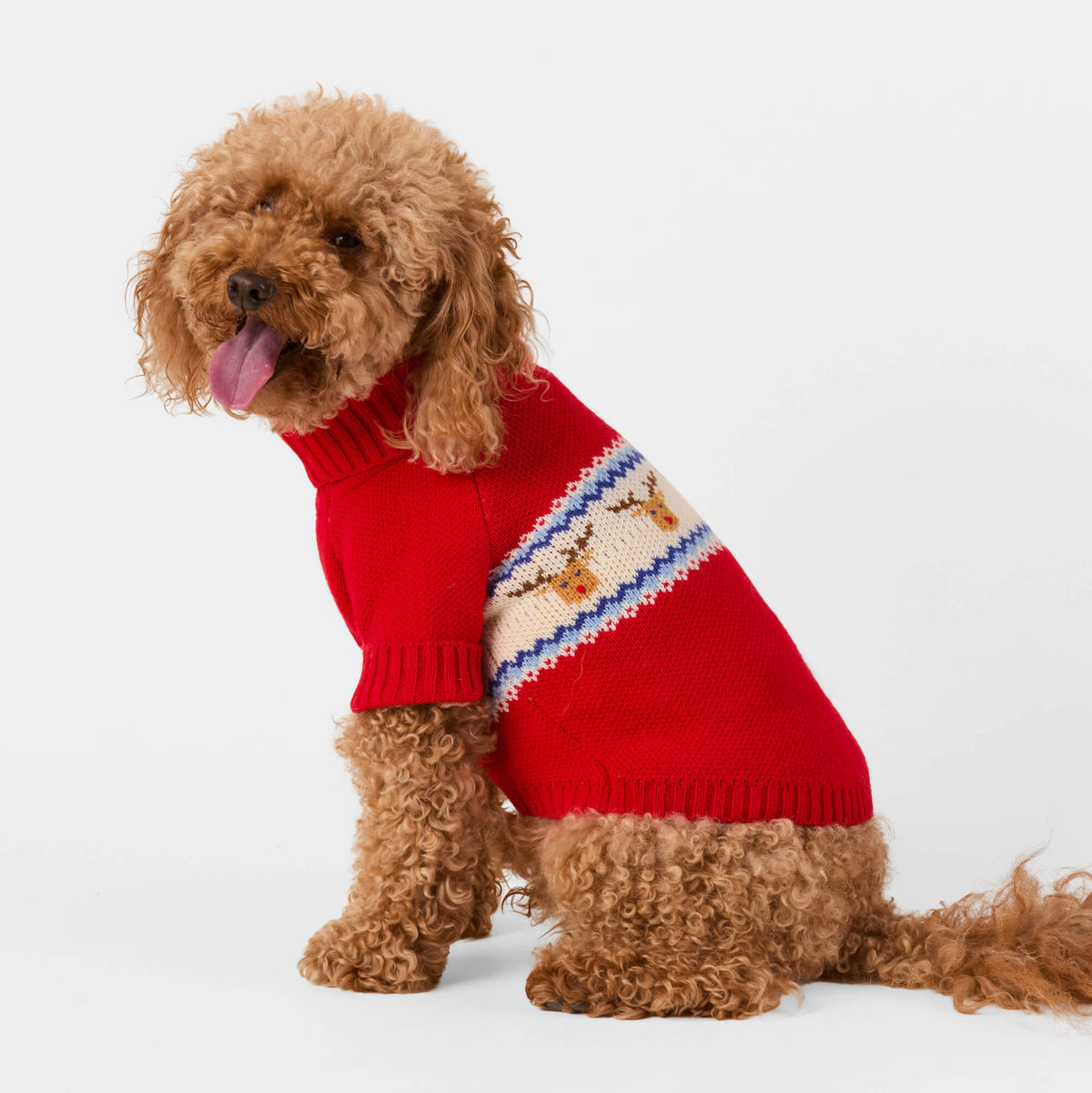 Red Reindeer Fair Isle Knit Dog Sweater, Turtleneck Pullover