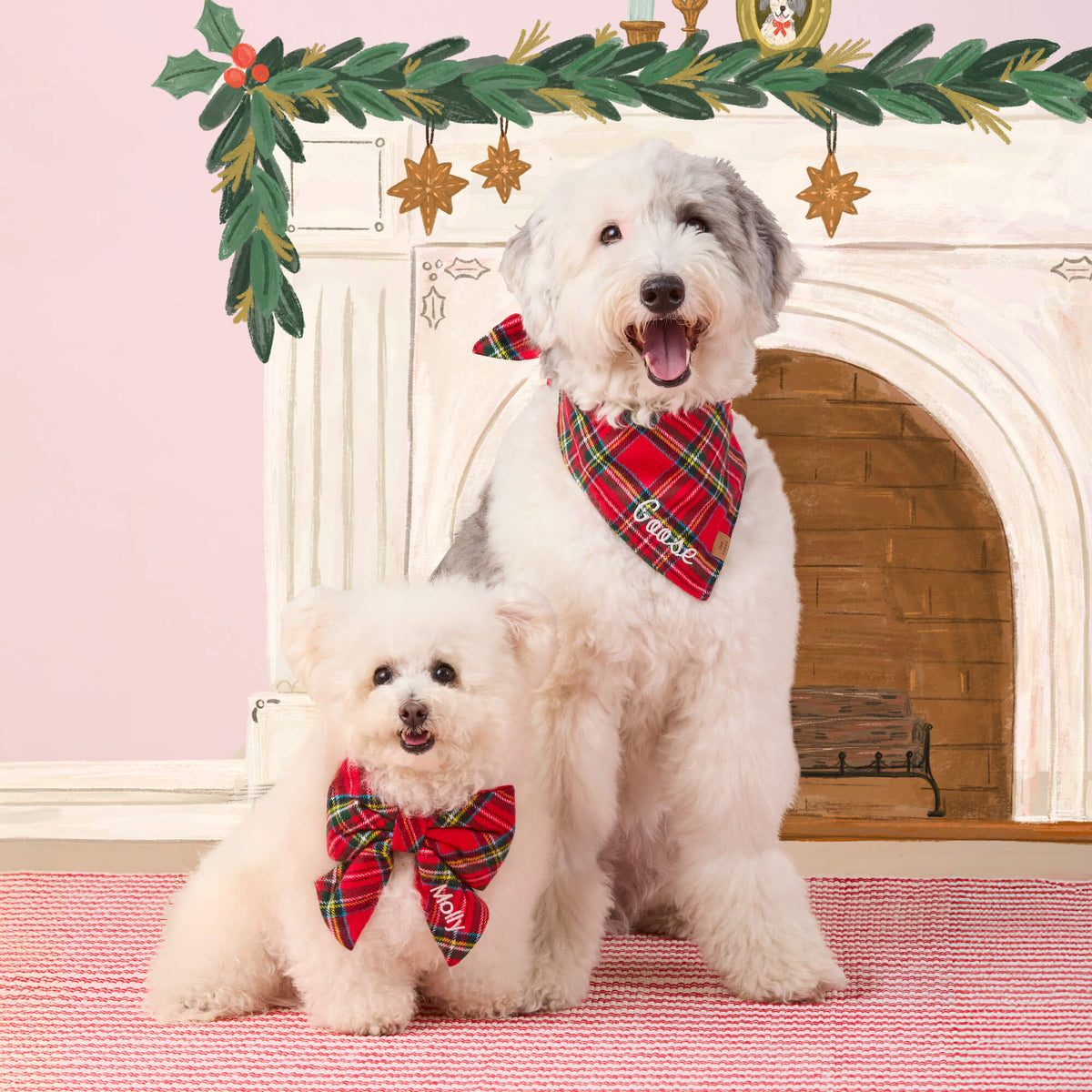 Red Tartan Plaid Flannel Dog Bandana, Tie-On Triangle Shape