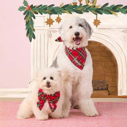 Red Tartan Plaid Flannel Dog Bow, Sailor Style Collar Attachment