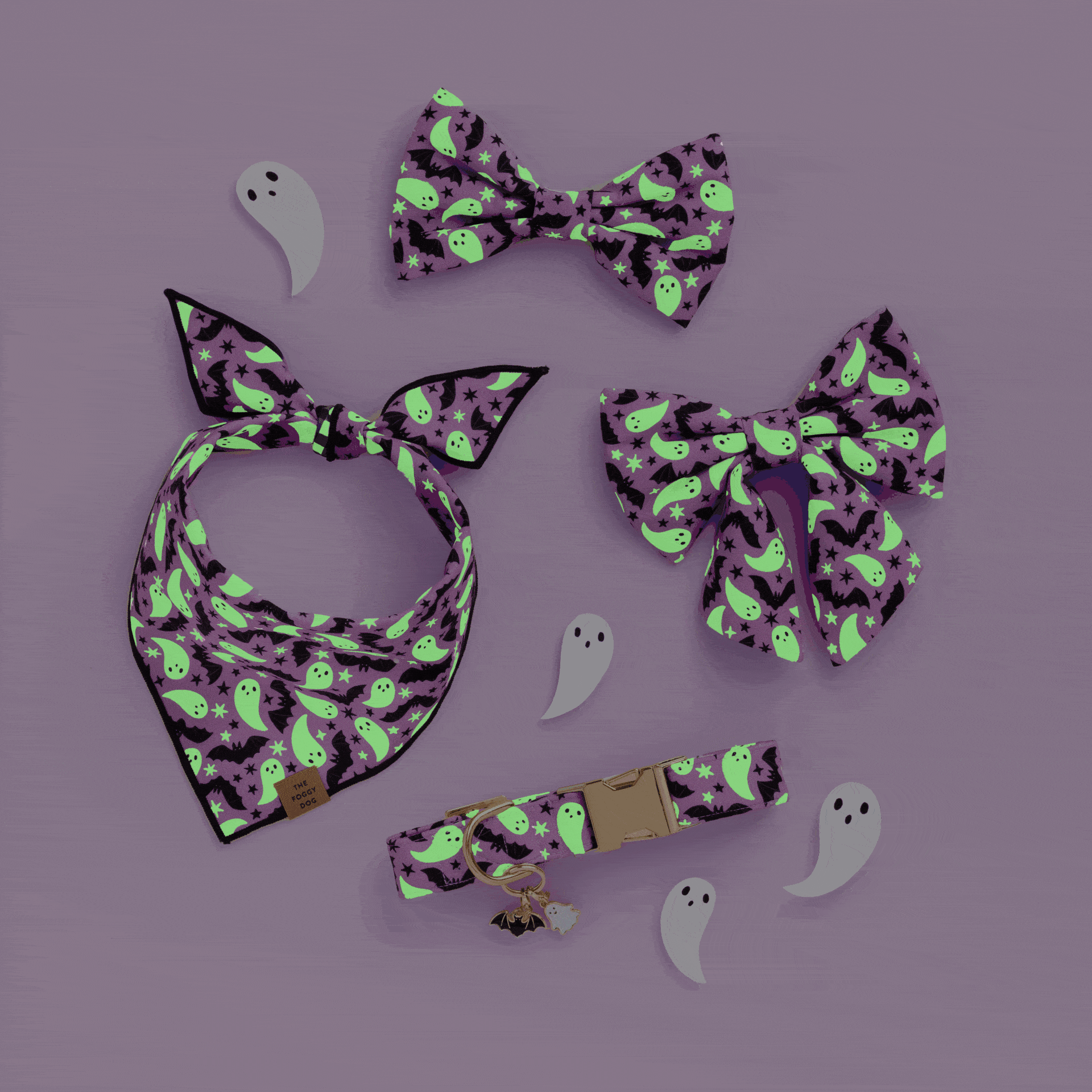 Lilac Ghost & Bat Halloween Reversible Dog Bandana, Triangle Tie