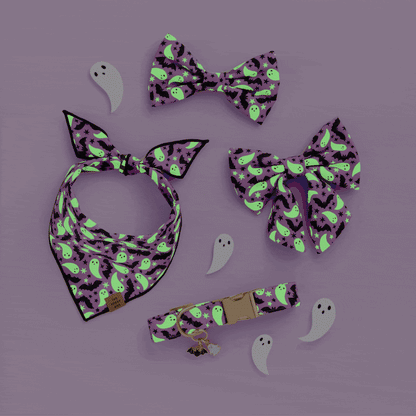 Lilac Ghost & Bat Halloween Reversible Dog Bandana, Triangle Tie
