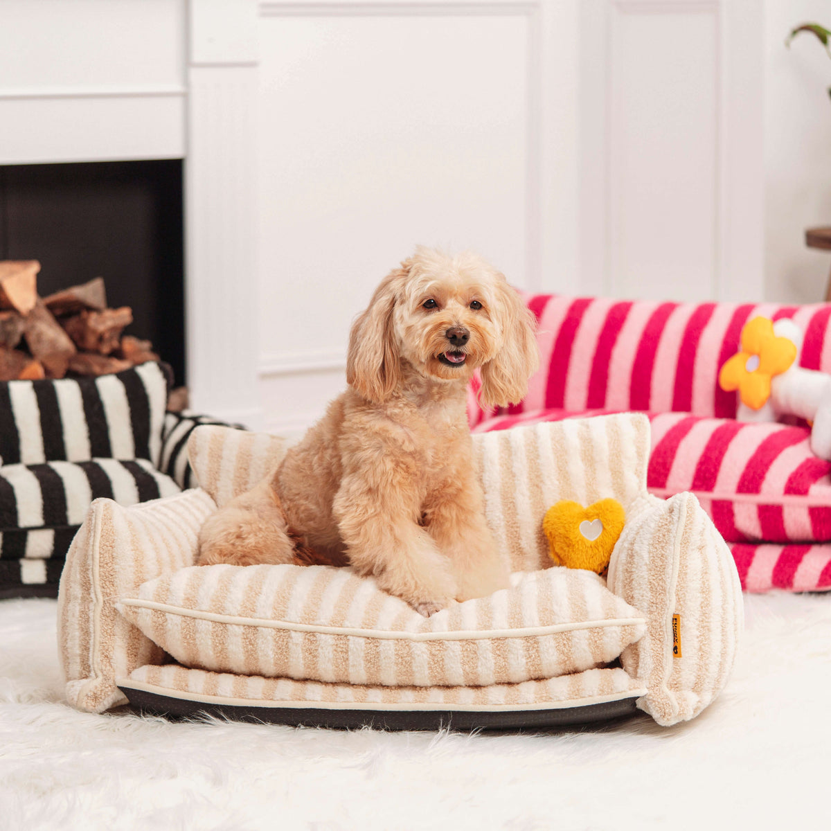 Striped Faux Lambswool Dog and Cat Sofa Bed with Removable Cushion