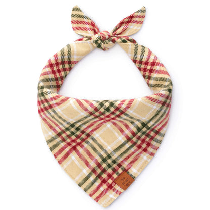 Tan & Red Plaid Cotton Flannel Dog Bandana with Vegan Leather Tag