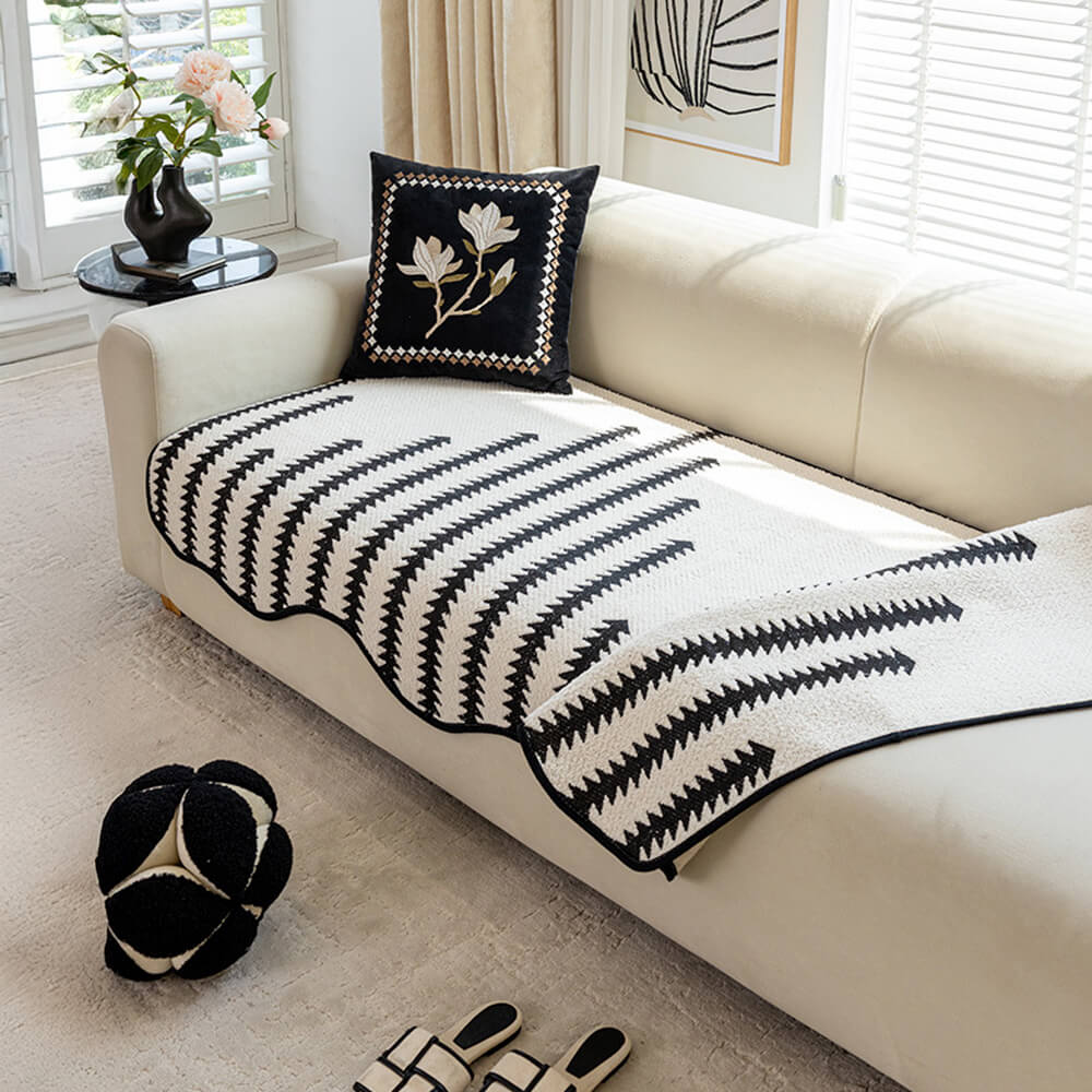 Chevron Striped Chenille Couch Cover with Wavy Edges