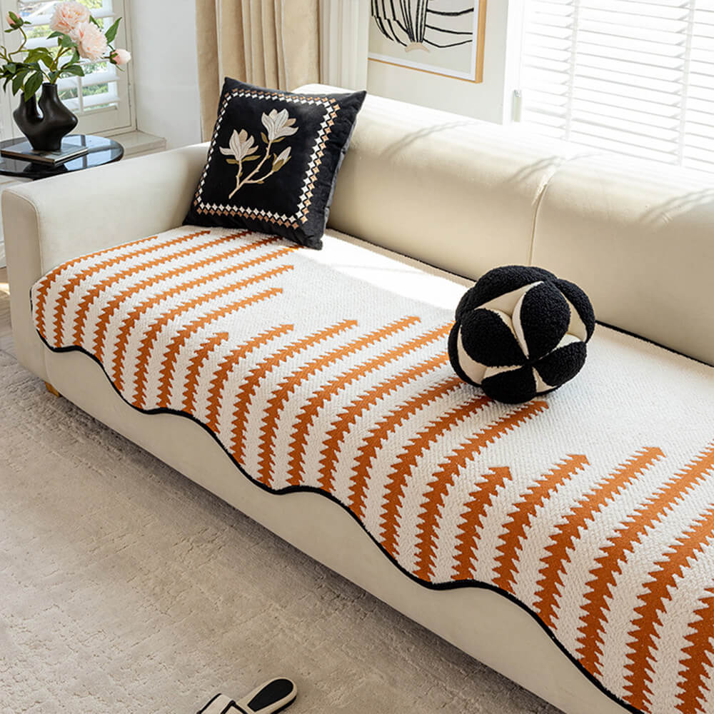 Chevron Striped Chenille Couch Cover with Wavy Edges