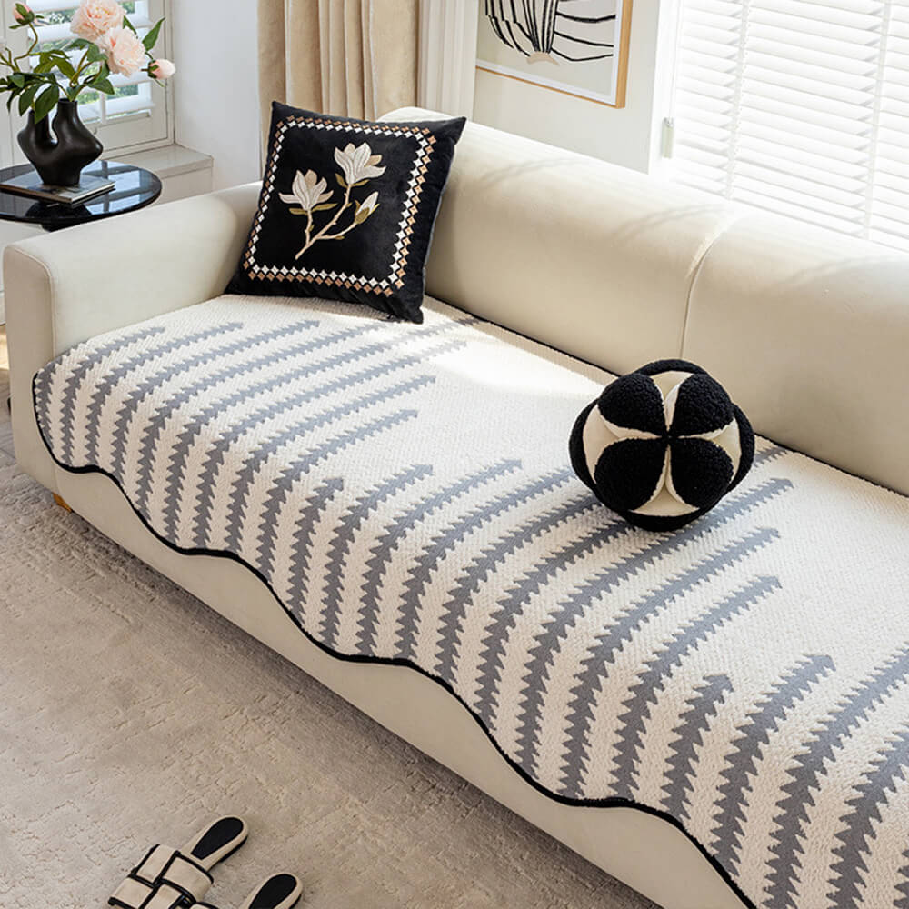 Chevron Striped Chenille Couch Cover with Wavy Edges