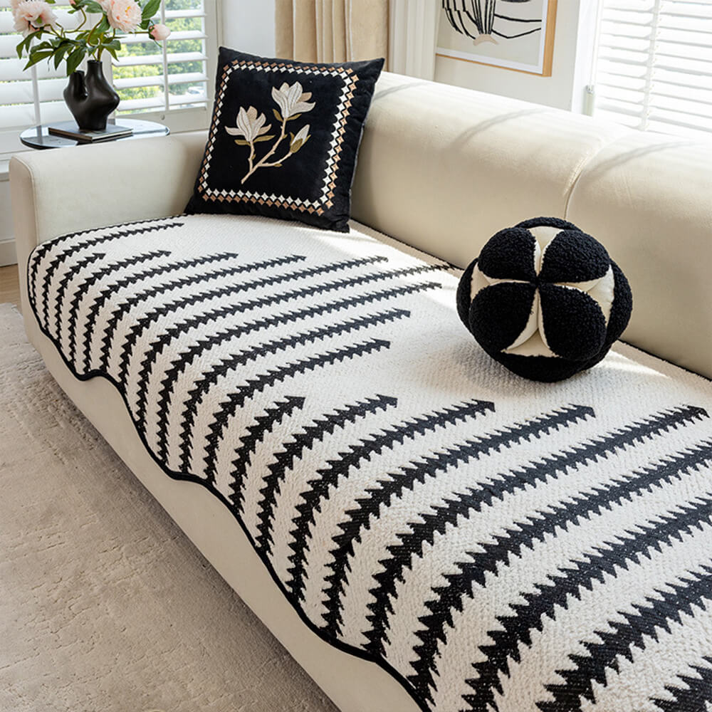 Chevron Striped Chenille Couch Cover with Wavy Edges