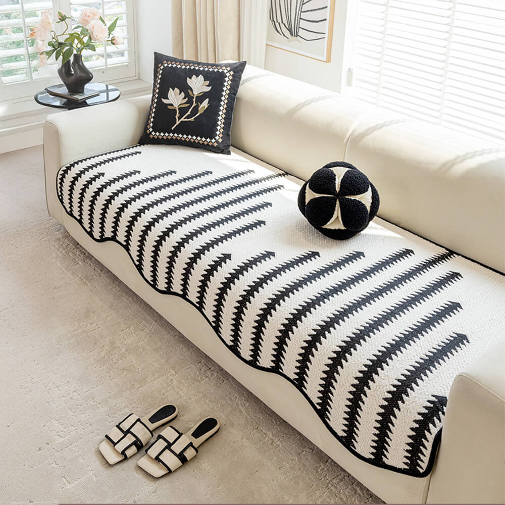 Chevron Striped Chenille Couch Cover with Wavy Edges