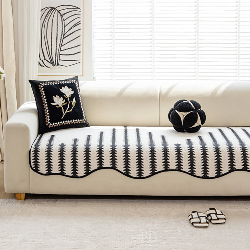 Chevron Striped Chenille Couch Cover with Wavy Edges