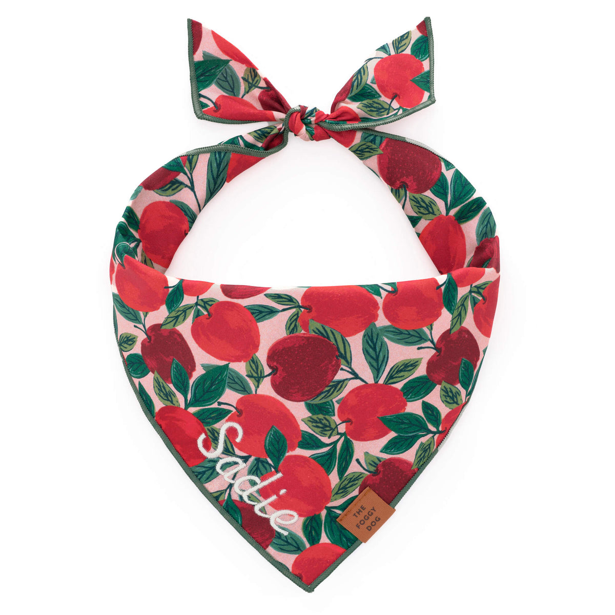 Red Apple Print Tie-On Dog Bandana with Dark Green Hem