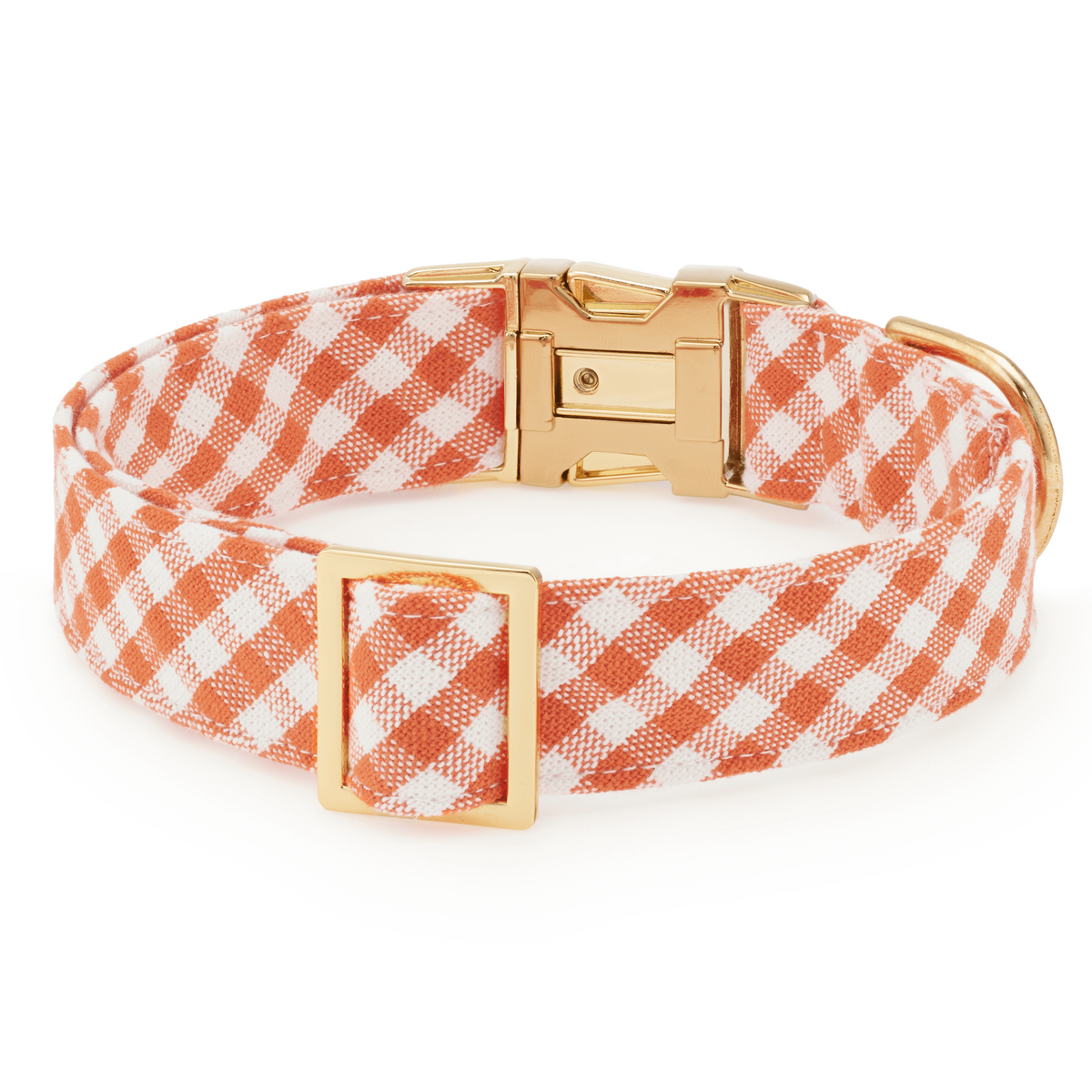 Orange Gingham Cotton Dog Collar with Brass D-Ring