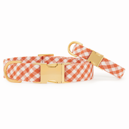 Orange Gingham Cotton Dog Collar with Brass D-Ring