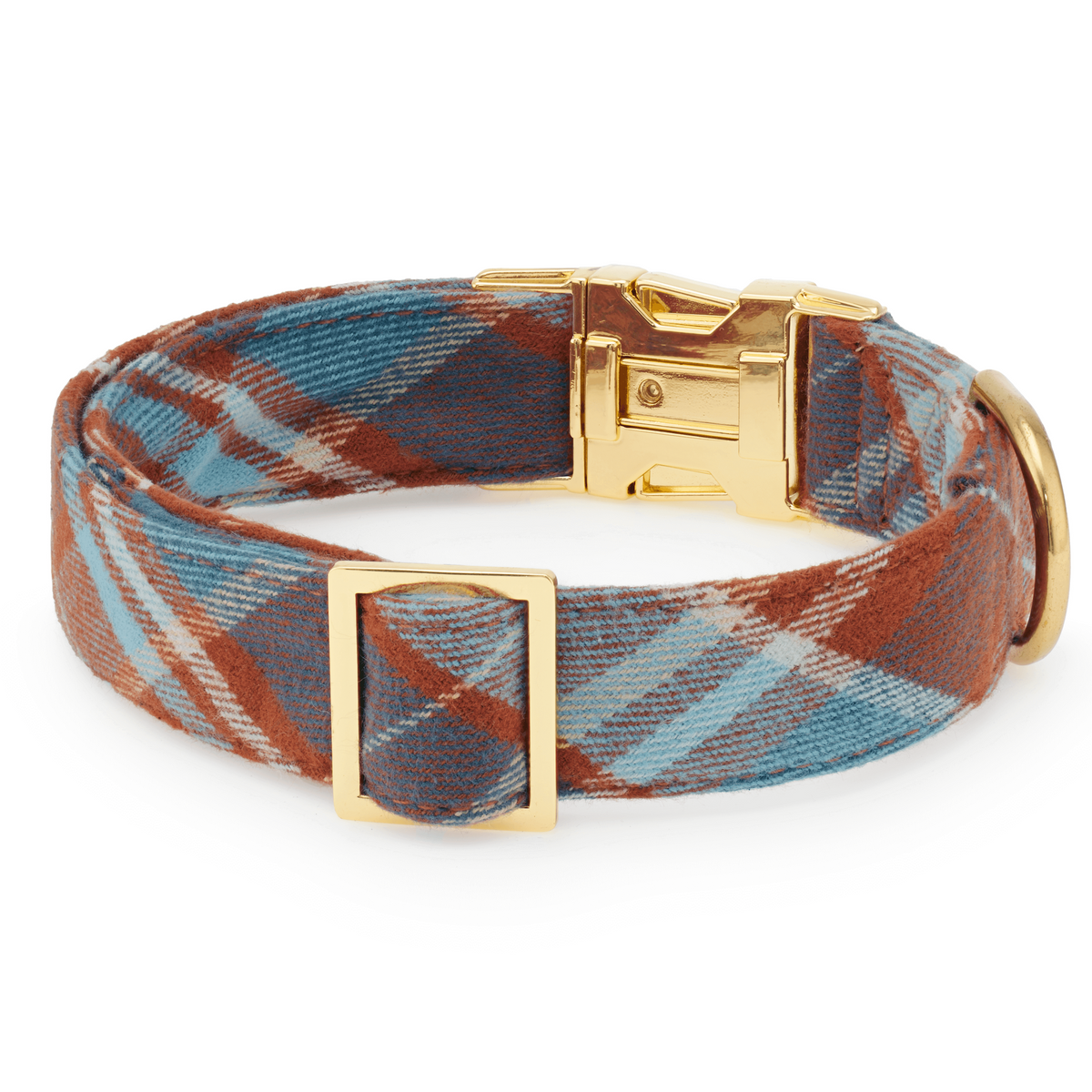 Rust Brown & Blue Plaid Flannel Dog Collar with Cotton Exterior