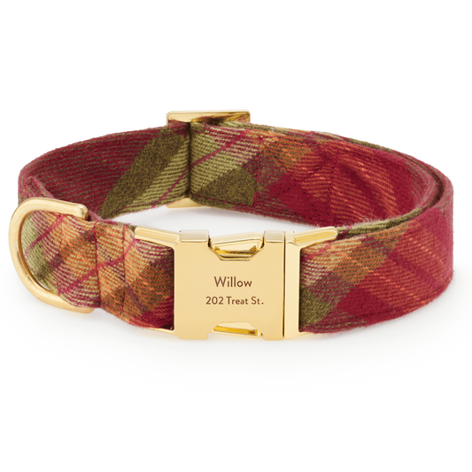 Burgundy & Olive Plaid Flannel Dog Collar with Cotton Exterior